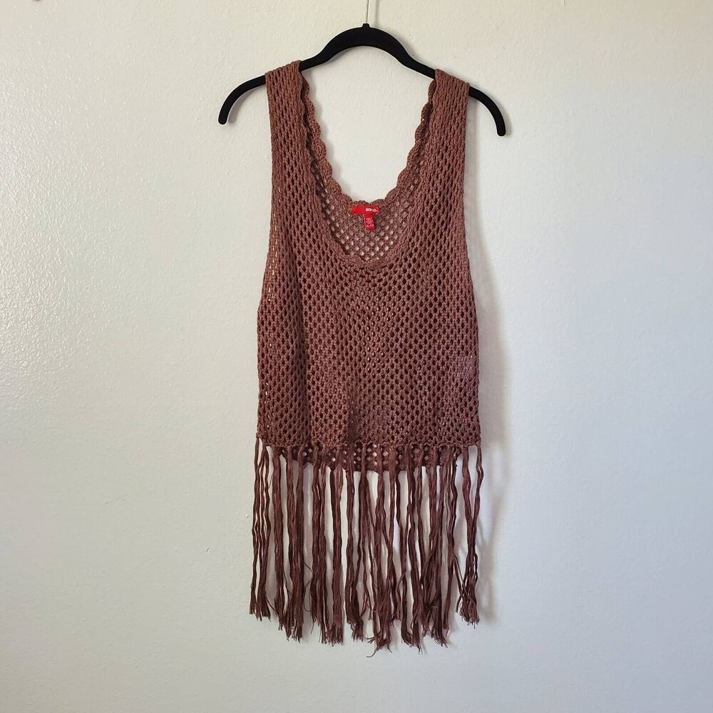 Bongo Fringe Crochet Top Womens XL Brown Sleeveless Hippie Boho Sweater Vest